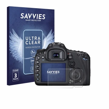 Parte frontal de un envase de producto con el logotipo de la marca Savvies. Al lado se muestra el dispositivo Canon EOS 7D con