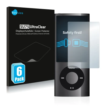 Parte frontal de un envase de producto con el logotipo de la marca Savvies. Al lado se muestra el dispositivo Apple iPod nano 