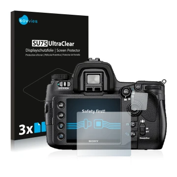 Parte frontal de un envase de producto con el logotipo de la marca Savvies. Al lado se muestra el dispositivo Sony Alpha 850 (