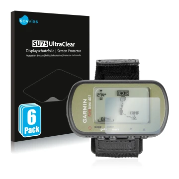 Parte frontal de un envase de producto con el logotipo de la marca Savvies. Al lado se muestra el dispositivo Garmin Foretrex 