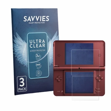 Parte frontal de un envase de producto con el logotipo de la marca Savvies. Al lado se muestra el dispositivo Nintendo DSi XL 