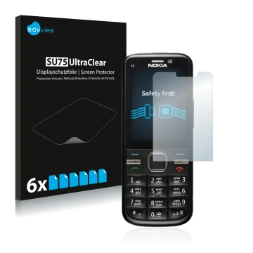 Parte frontal de un envase de producto con el logotipo de la marca Savvies. Al lado se muestra el dispositivo Nokia C5-00 con 