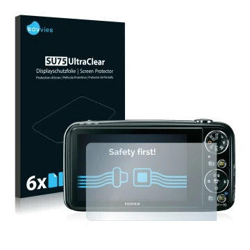 Parte frontal de un envase de producto con el logotipo de la marca Savvies. Al lado se muestra el dispositivo Fujifilm FinePix