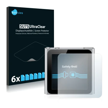 Parte frontal de un envase de producto con el logotipo de la marca Savvies. Al lado se muestra el dispositivo Apple iPod nano 