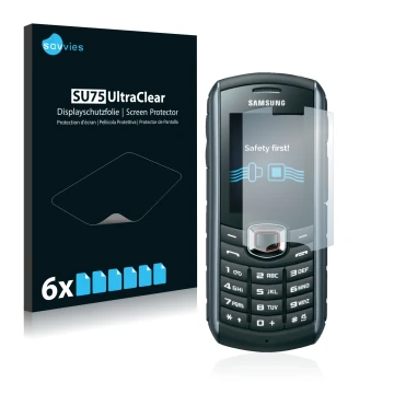 Parte frontal de un envase de producto con el logotipo de la marca Savvies. Al lado se muestra el dispositivo Samsung B2710 co