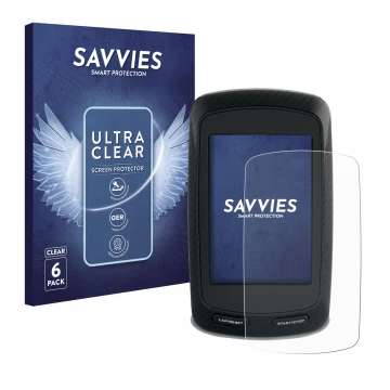 Parte frontal de un envase de producto con el logotipo de la marca Savvies. Al lado se muestra el dispositivo Garmin Edge 800 