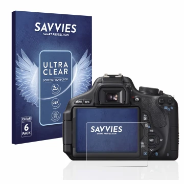 Parte frontal de un envase de producto con el logotipo de la marca Savvies. Al lado se muestra el dispositivo Canon EOS 600D c