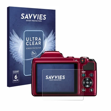 Parte frontal de un envase de producto con el logotipo de la marca Savvies. Al lado se muestra el dispositivo Nikon Coolpix L1