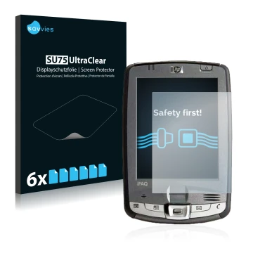 Parte frontal de un envase de producto con el logotipo de la marca Savvies. Al lado se muestra el dispositivo HP iPAQ hx2110 c