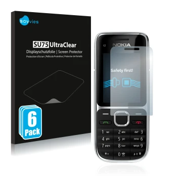 Parte frontal de un envase de producto con el logotipo de la marca Savvies. Al lado se muestra el dispositivo Nokia C2-01 con 