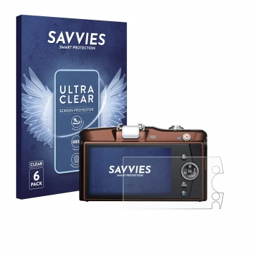 Parte frontal de un envase de producto con el logotipo de la marca Savvies. Al lado se muestra el dispositivo Olympus PEN E-PM