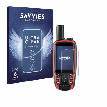 Parte frontal de un envase de producto con el logotipo de la marca Savvies. Al lado se muestra el dispositivo Garmin Astro 320