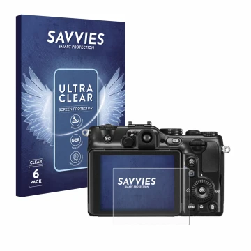 Parte frontal de un envase de producto con el logotipo de la marca Savvies. Al lado se muestra el dispositivo Nikon Coolpix P7