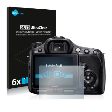 Parte frontal de un envase de producto con el logotipo de la marca Savvies. Al lado se muestra el dispositivo Sony Alpha 65V (