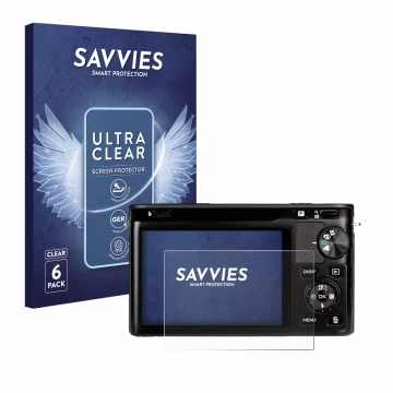 Parte frontal de un envase de producto con el logotipo de la marca Savvies. Al lado se muestra el dispositivo Nikon 1 J1 con s