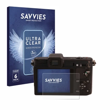 Parte frontal de un envase de producto con el logotipo de la marca Savvies. Al lado se muestra el dispositivo Nikon 1 V1 con s