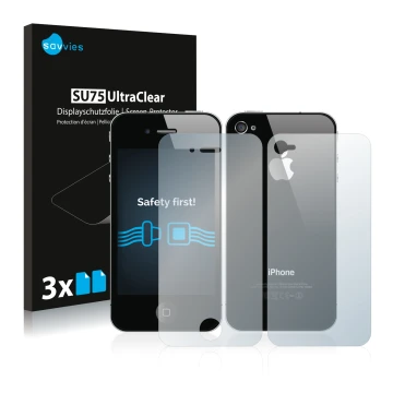 Parte frontal de un envase de producto con el logotipo de la marca Savvies. Al lado se muestra el dispositivo Apple iPhone 4S 