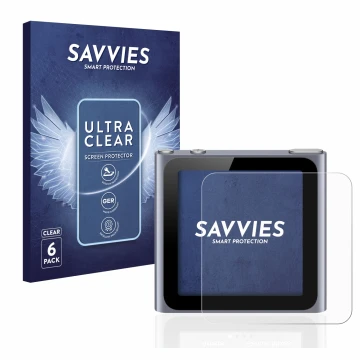 Parte frontal de un envase de producto con el logotipo de la marca Savvies. Al lado se muestra el dispositivo Apple iPod nano 
