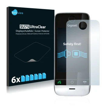 Parte frontal de un envase de producto con el logotipo de la marca Savvies. Al lado se muestra el dispositivo Gigaset SL910 (r