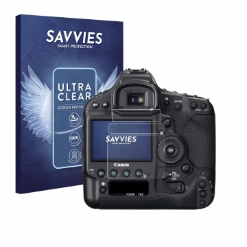 Parte frontal de un envase de producto con el logotipo de la marca Savvies. Al lado se muestra el dispositivo Canon EOS 1D X c