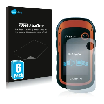 Parte frontal de un envase de producto con el logotipo de la marca Savvies. Al lado se muestra el dispositivo Garmin eTrex 20 