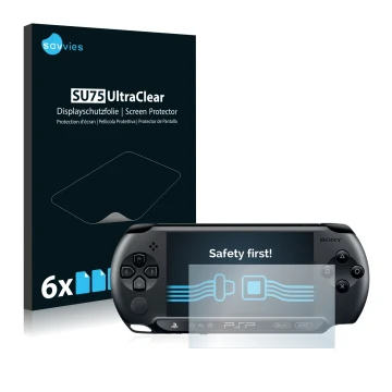 Parte frontal de un envase de producto con el logotipo de la marca Savvies. Al lado se muestra el dispositivo Sony PSP Street 