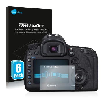 Parte frontal de un envase de producto con el logotipo de la marca Savvies. Al lado se muestra el dispositivo Canon EOS 5D Mar