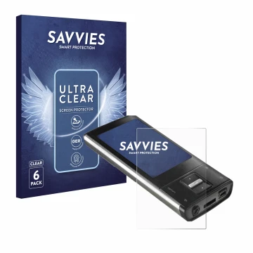 Parte frontal de un envase de producto con el logotipo de la marca Savvies. Al lado se muestra el dispositivo Intenso Video Sh