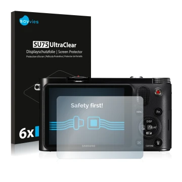 Parte frontal de un envase de producto con el logotipo de la marca Savvies. Al lado se muestra el dispositivo Samsung NX1000 c