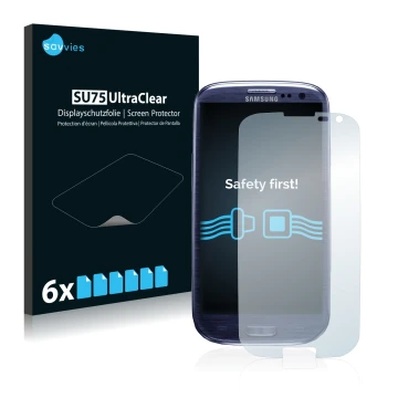 Parte frontal de un envase de producto con el logotipo de la marca Savvies. Al lado se muestra el dispositivo Samsung Galaxy S