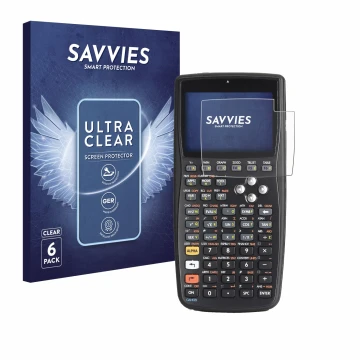 Parte frontal de un envase de producto con el logotipo de la marca Savvies. Al lado se muestra el dispositivo HP 50g F2229AA#U