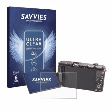 Parte frontal de un envase de producto con el logotipo de la marca Savvies. Al lado se muestra el dispositivo Samsung EX2F con