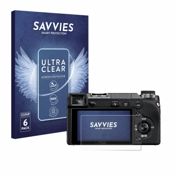 Parte frontal de un envase de producto con el logotipo de la marca Savvies. Al lado se muestra el dispositivo Sony Alpha NEX-6