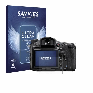 Parte frontal de un envase de producto con el logotipo de la marca Savvies. Al lado se muestra el dispositivo Sony Alpha 99 co
