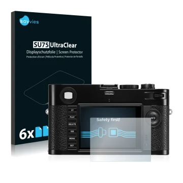 Parte frontal de un envase de producto con el logotipo de la marca Savvies. Al lado se muestra el dispositivo Leica M (Typ 240