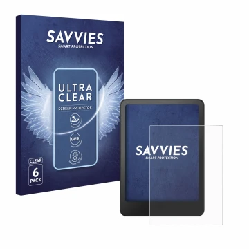Parte frontal de un envase de producto con el logotipo de la marca Savvies. Al lado se muestra el dispositivo Amazon Kindle Pa