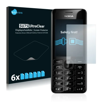 Parte frontal de un envase de producto con el logotipo de la marca Savvies. Al lado se muestra el dispositivo Nokia 206 Dual S