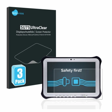 Parte frontal de un envase de producto con el logotipo de la marca Savvies. Al lado se muestra el dispositivo Panasonic Toughp