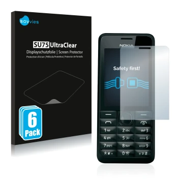 Parte frontal de un envase de producto con el logotipo de la marca Savvies. Al lado se muestra el dispositivo Nokia 301 con su