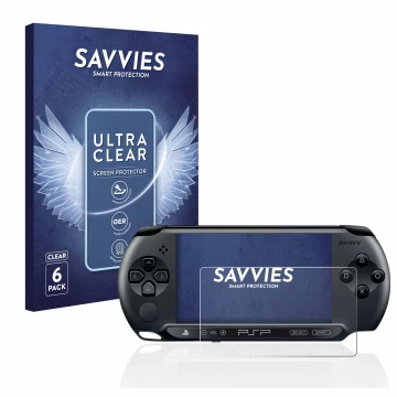 Parte frontal de un envase de producto con el logotipo de la marca Savvies. Al lado se muestra el dispositivo Sony PSP 1004 co