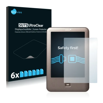 Parte frontal de un envase de producto con el logotipo de la marca Savvies. Al lado se muestra el dispositivo Tolino Shine con