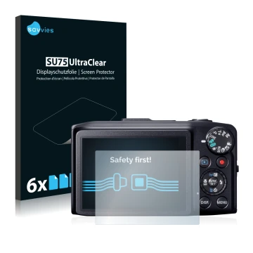 Parte frontal de un envase de producto con el logotipo de la marca Savvies. Al lado se muestra el dispositivo Canon PowerShot 