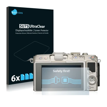 Parte frontal de un envase de producto con el logotipo de la marca Savvies. Al lado se muestra el dispositivo Olympus PEN E-PL