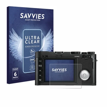 Parte frontal de un envase de producto con el logotipo de la marca Savvies. Al lado se muestra el dispositivo Leica X Vario co