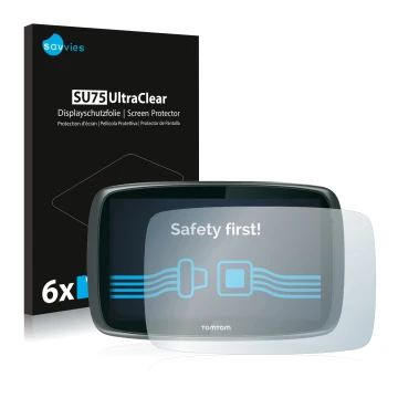 Parte frontal de un envase de producto con el logotipo de la marca Savvies. Al lado se muestra el dispositivo TomTom GO 6000 c