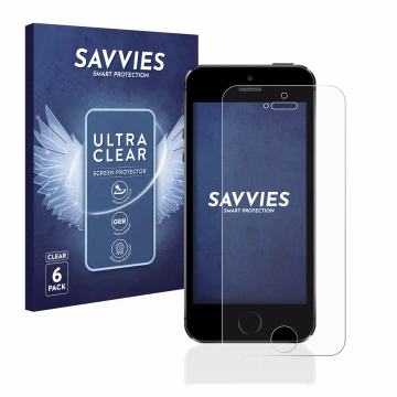 Parte frontal de un envase de producto con el logotipo de la marca Savvies. Al lado se muestra el dispositivo Apple iPhone 5S 