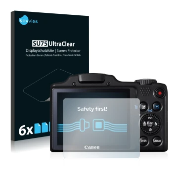 Parte frontal de un envase de producto con el logotipo de la marca Savvies. Al lado se muestra el dispositivo Canon PowerShot 