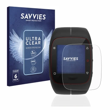Parte frontal de un envase de producto con el logotipo de la marca Savvies. Al lado se muestra el dispositivo Polar M400 con s