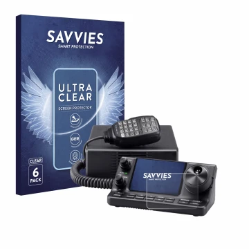 Parte frontal de un envase de producto con el logotipo de la marca Savvies. Al lado se muestra el dispositivo Icom IC-7100 con