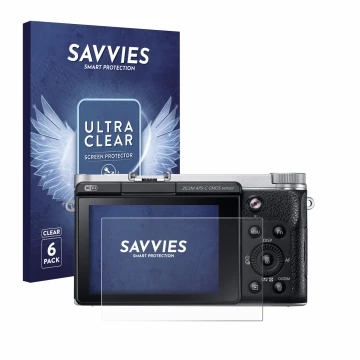 Parte frontal de un envase de producto con el logotipo de la marca Savvies. Al lado se muestra el dispositivo Samsung NX300M c
